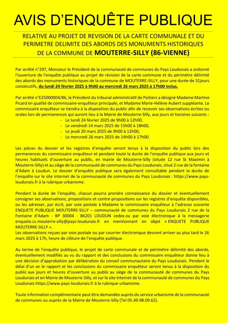 Lire la suite à propos de l’article ENQUETE PUBLIQUE Projet de révision de la carte communale et du périmètre délimité des abords des monuments historiques de Mouterre-Silly